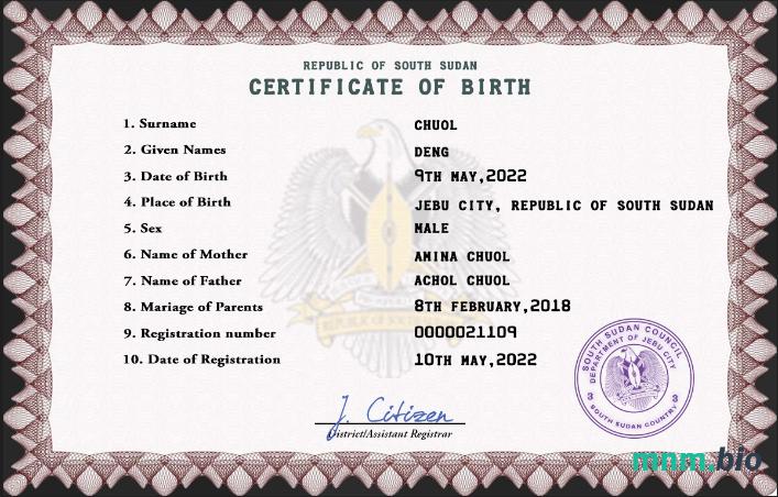 South Sudan narodziny certyfikat PSD szablon